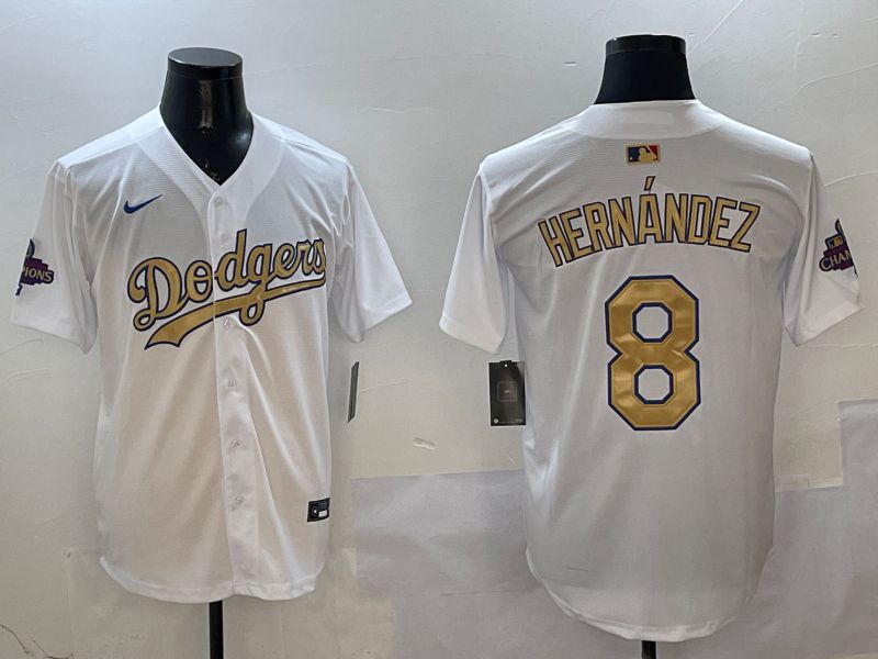Men Los Angeles Dodgers 8 Hernandez White Champion gold character 2025 Nike MLB Jersey style 6